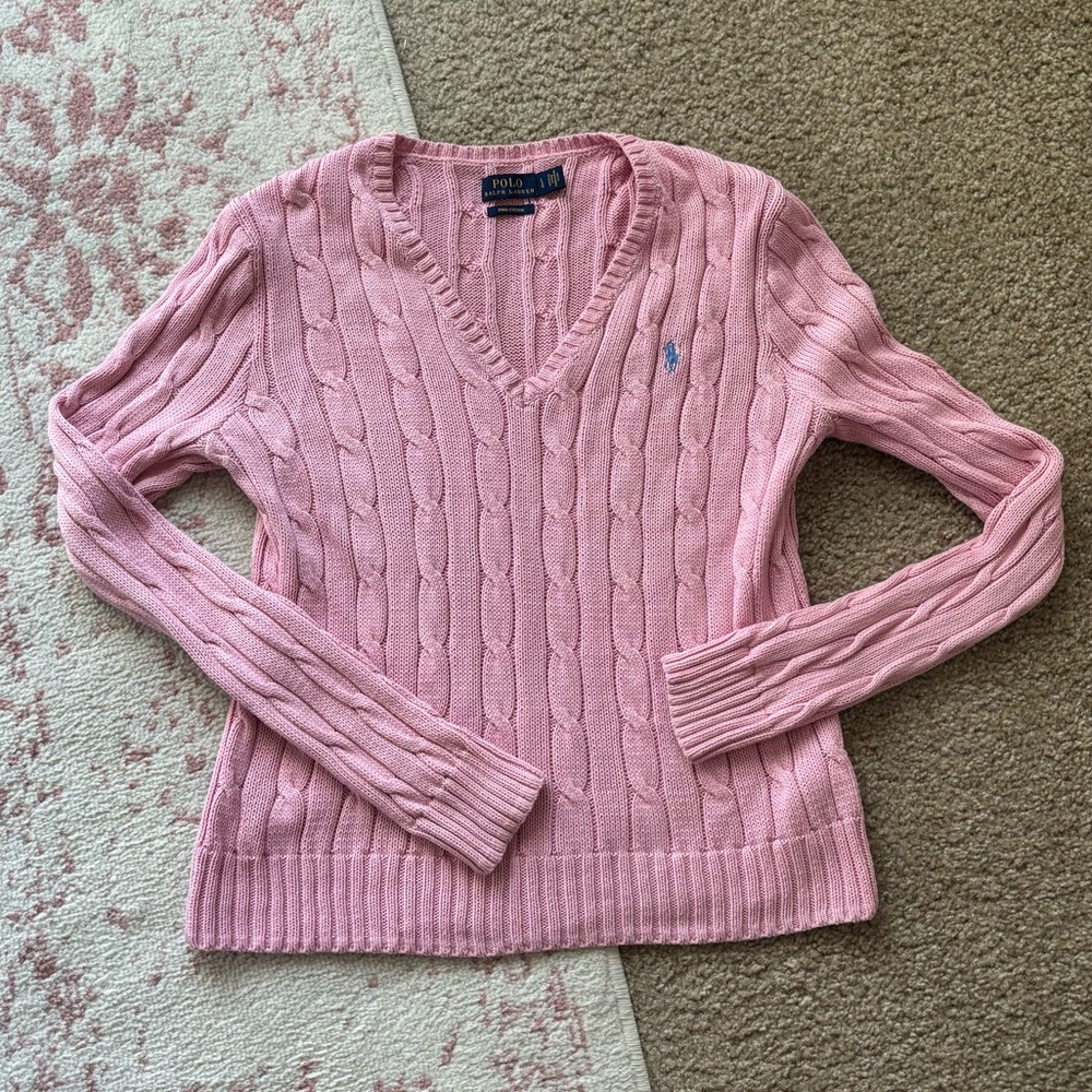 Ralph Lauren Pink Cable Knit V-Neck Sweater